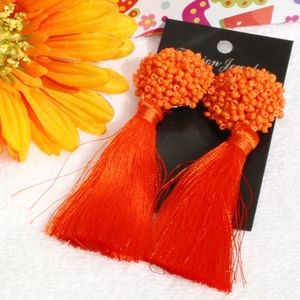 New! Large Orange Boho Earrings Post Drop Tassels